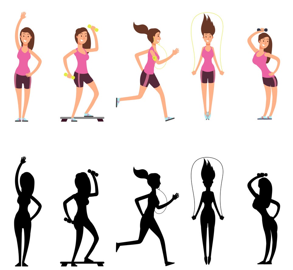 Sport woman characters. Vector female fitness silhouettes isolated on white background